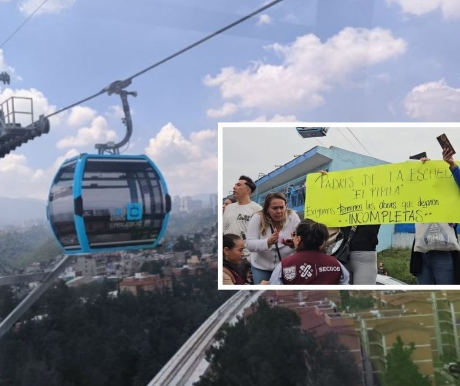 Padres protestan durante la Inauguración de la no terminada línea 3 del Cablebús ya que afecta a niños